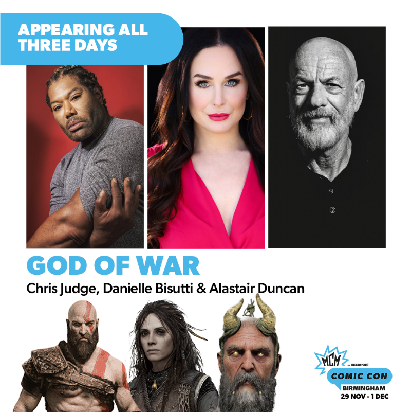 MCMComicCon's tweet photo. The cast of God of War are headed to MCM Birmingham! 🪓

Meet Chris Judge, Danielle Bisutti &amp; Alastair Duncan for autographs and photo ops at the show all three days! Group photo op options coming soon.

Get MCM Birmingham tickets: https://t.co/evtDgg0cD4