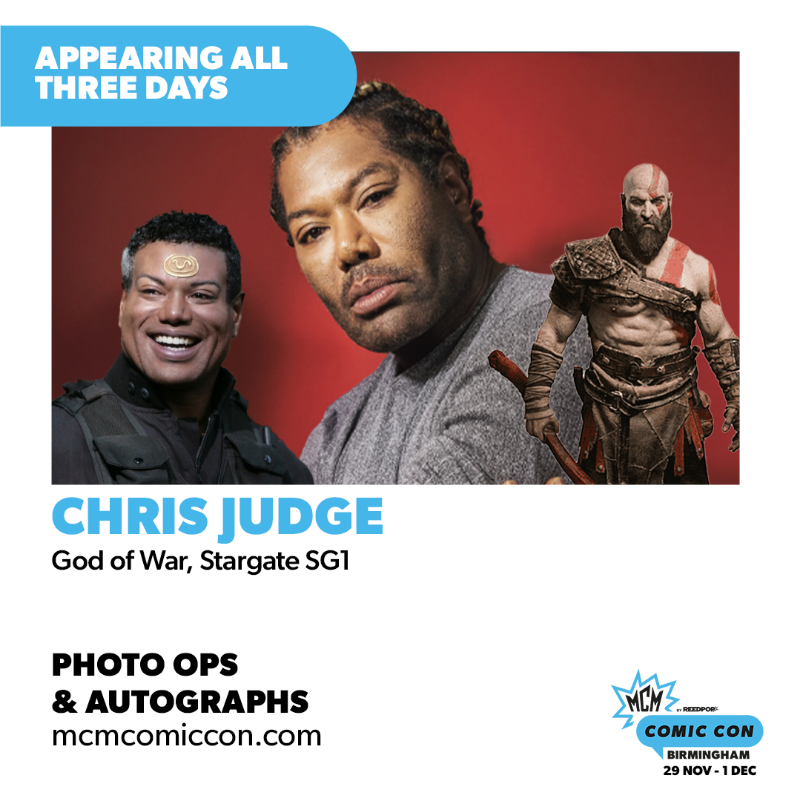 MCMComicCon's tweet photo. The cast of God of War are headed to MCM Birmingham! 🪓

Meet Chris Judge, Danielle Bisutti &amp; Alastair Duncan for autographs and photo ops at the show all three days! Group photo op options coming soon.

Get MCM Birmingham tickets: https://t.co/evtDgg0cD4