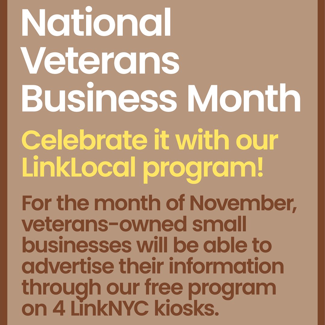 LinkNYC's tweet image. This month, veteran-owned small businesses in NYC can amplify their messaging on FOUR #LinkNYC kiosks — FREE of charge — for 30 days. 🇺🇸🫡🎖️

Submit your #LinkLocal Promo form and apply today: link.nyc/link-local.html

#VeteransDay #Link5G #SmallBusiness #ShopSmall #ShopLocal