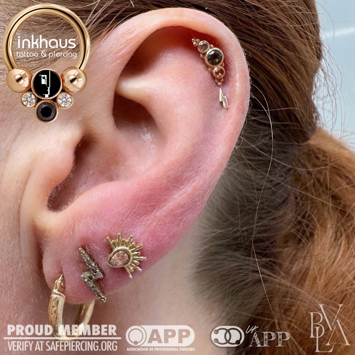 This client chose a gorgeous statement piece for her existing third lobe piercing that works beautifully with her other jewellery. She went for the ‘Borderline’ from <a href="/BODYVISIONLA/">BVLA</a> in yellow gold with a gorgeous Oregon Sunstone gemstone.