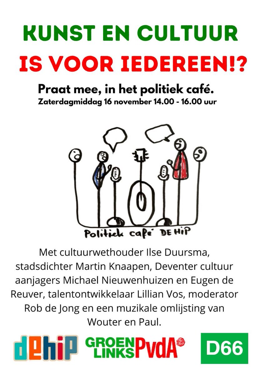 🎨🎭Het is weer tijd voor een politiek café! Dit keer gaan we in gesprek over cultuur, de waarde van cultuur en hoe we cultuur voor iedereen kunnen maken. Kom jij ook? #GroenLinksPvdA #cultuur