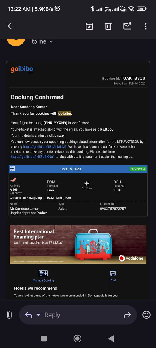 Sandineer's tweet photo. @goibibo @GoibiboSupport @airindia @AirIndiaX 
I just found my ticket copy of the 15-03-2020 which was cancelled because of the pandemic. 
I had requested for a refund which had never got processed. @GoibiboSupport reached me on dm but no results. https://t.co/9p5w1yZ13r