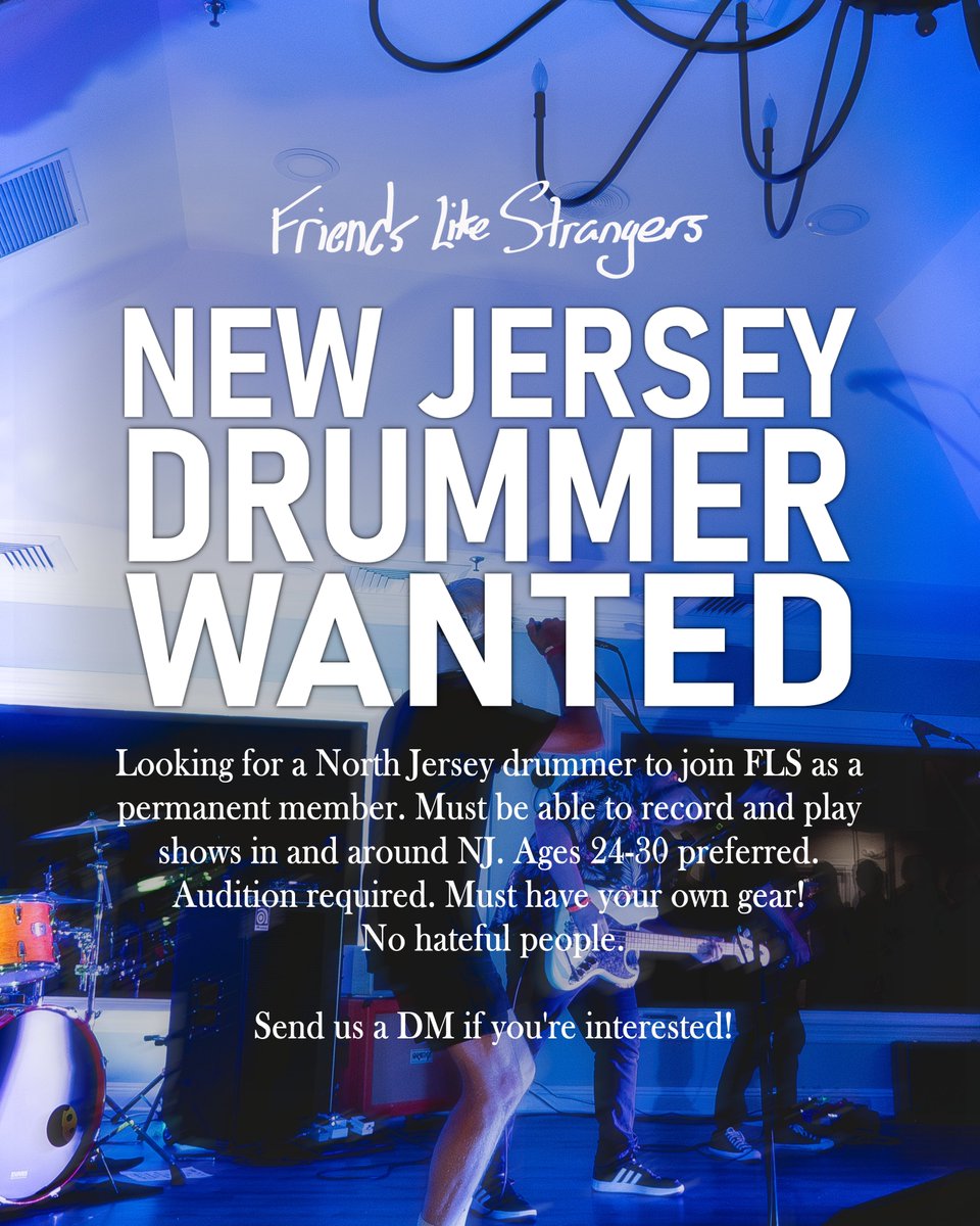 friendslikeband's tweet photo. Friends Like Strangers is looking for a drummer! (Northern New Jersey!)

Are you a fellow Jerseyan looking to make music with the goal of continuous learning and growing in quality and musicianship with like minded people? (cont.) https://t.co/TiDeDBPi62