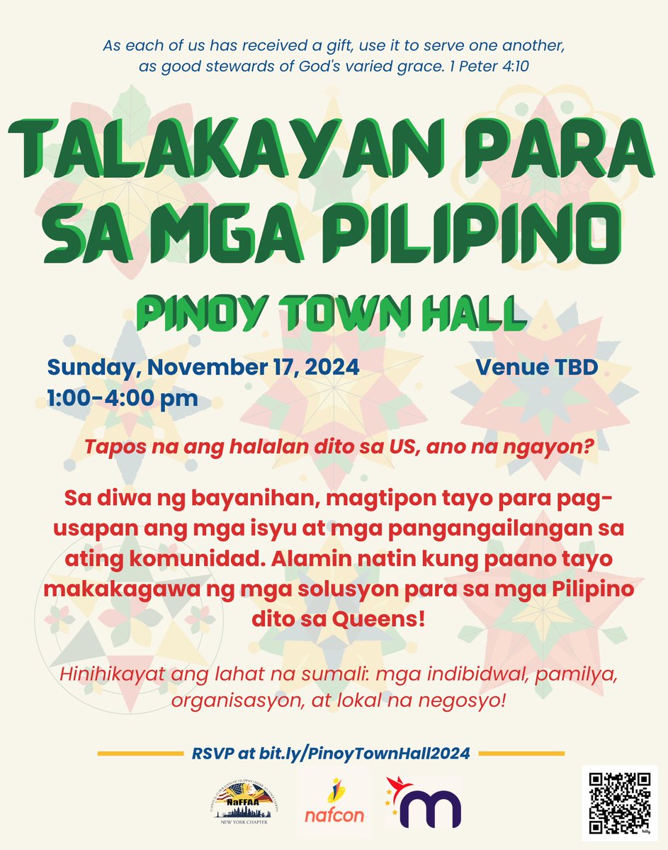 SuloNyu's tweet photo. What: Talakayan Para Sa Mga Pilipino: Pinoy Town Hall
When: Sunday, November 17, 2024 from 1:00 pm - 4:00 pm
RSVP at https://t.co/j80qhw4Qzc - Food will be provided! https://t.co/jkiMMdSUCy