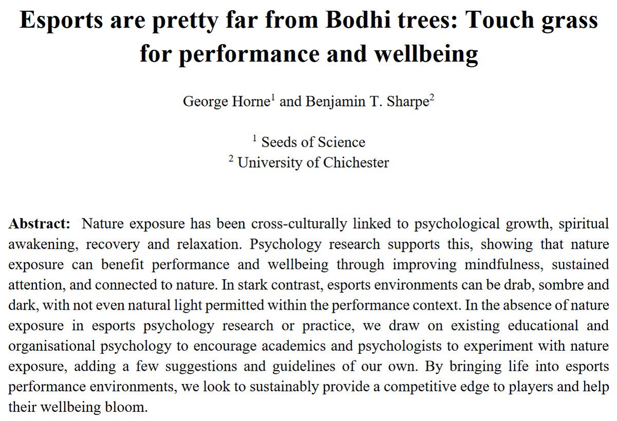 egaming_esports's tweet photo. | #FORTHCOMING #ESPORTS #RESEARCH | Congrats to @GeorgeHPsych & @benjamintsharpe on the acceptance of "Esports are pretty far from Bodhi trees: Touch grass for performance and wellbeing" in JEGE. This #ExpertPerspective is sure to start conversations on #TouchGrass & #videogames https://t.co/LeRhSE6OJW