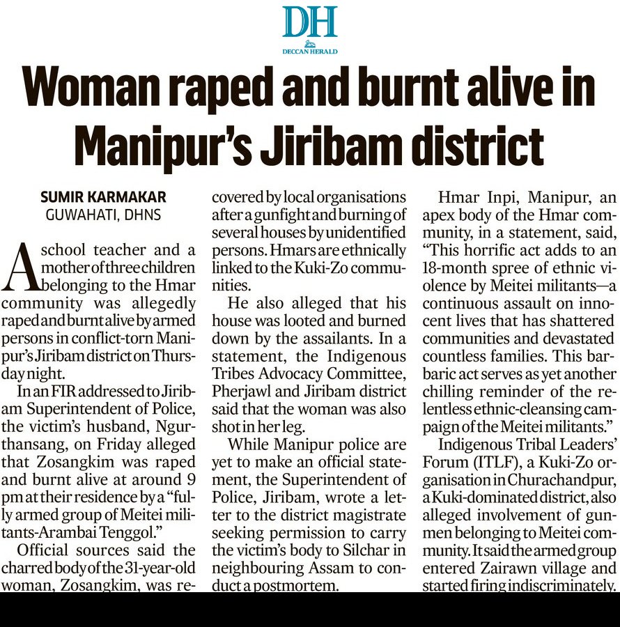 Zogam_Mosi's tweet image. Whenever the @SupremeCourtIND @MLJ_GoI mentions the leaked tapes of @NBirenSingh it seems like a new crisis is created to distract people
This time: A woman was burned alive, &amp;amp; 11 Zomi-Kuki-Hmar volunteers were killed.
#ManipurViolence #Meiteirapist
@PMOIndia @HMOIndia @UN