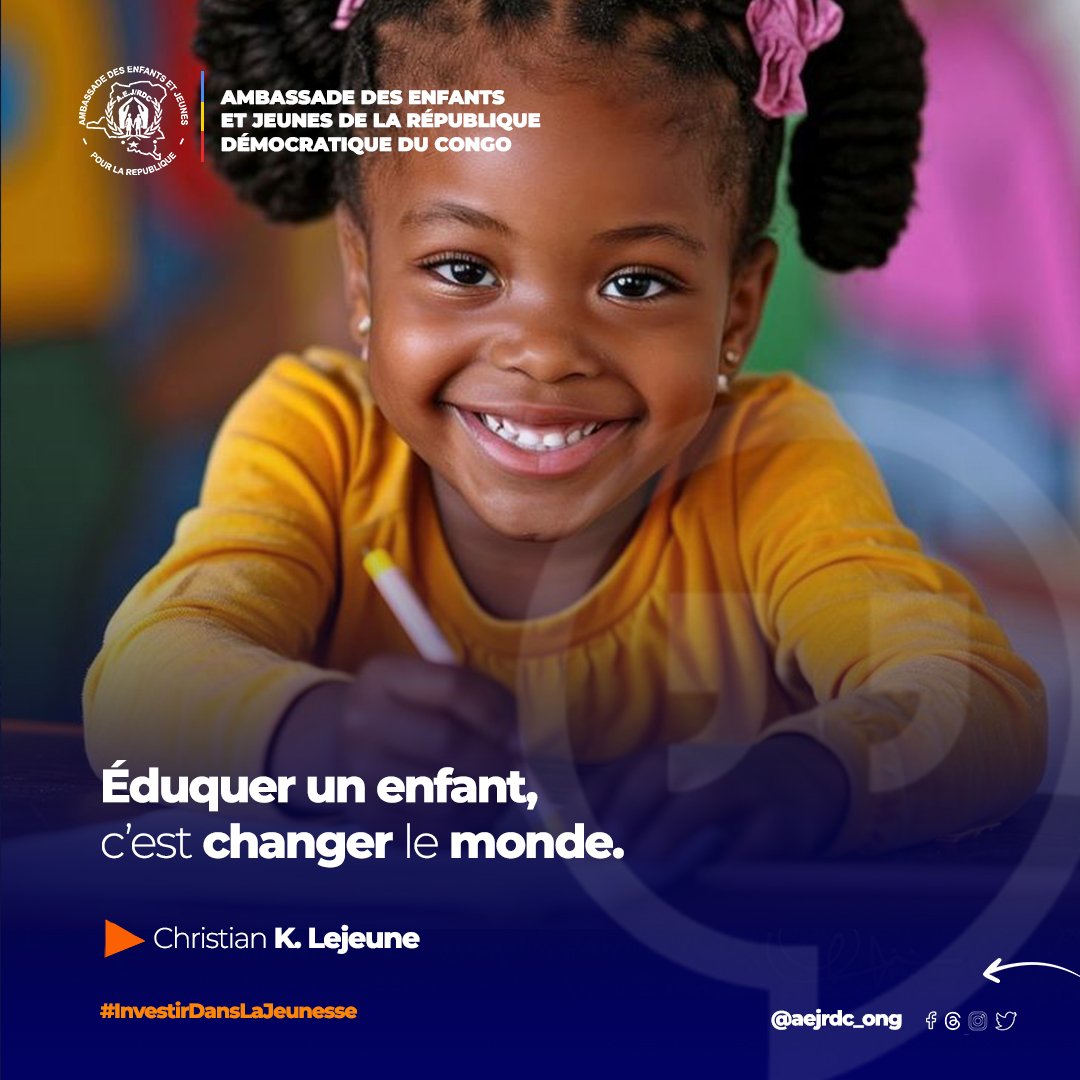 ONG_AEJRDC's tweet photo. 📌 Éduquer un enfant, 
c'est changer le monde. 

— Christian K. Lejeune 

#quote #investirenlajeunesse #lundimotivation #aejrdc #rdc #ambassade #enfance #avenir https://t.co/nJBGLHKI7i