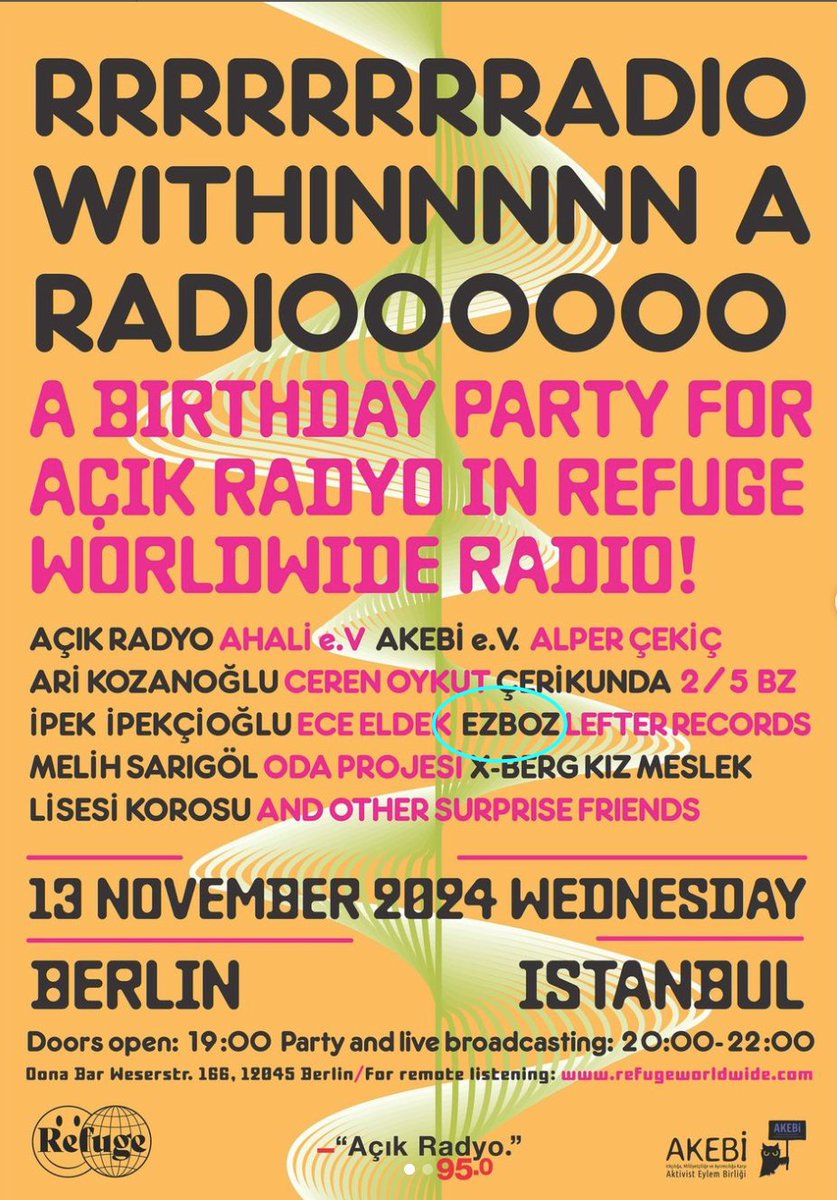 EzBoz_Music's tweet photo. Berlin! Hazır mısınız? 🎶
Açık Radyo’nun 30. yaşını Berlin’de kutluyoruz! Şarkılarım bu kez partide...🔥🎉
Bu güzel organizasyon için şimdiden Refuge Worldwide ve AKEBİ 'ye teşekkürler
#açıkradyo #acikradyo #apaçıkradyo #berlin #solidarity #birthday #refugeworldwide https://t.co/l9d0nqaubL