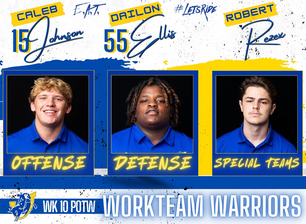 CoachBradSmiley's tweet photo. CONGRATS to @Calebjohnsonn8 @THEDAILONELLIS_ &amp; @RobertRezex23 named our WEEK 10 @SAUFootball MULERIDER “WORK-TEAM WARRIORS” OF THE WEEK in our DOMINANT #VICTORY over NW Oklahoma!! #TEAM #IronSharpensIron 🤙🏇 https://t.co/uvVPdLg95x