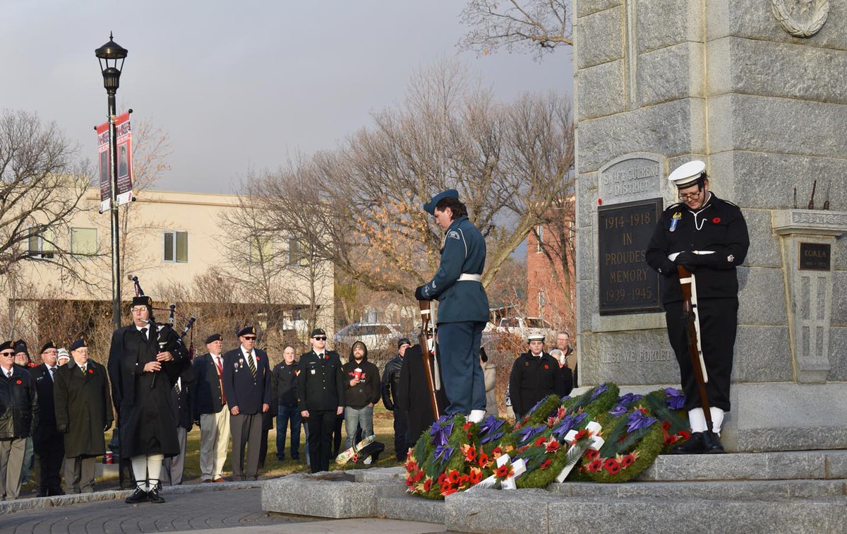 A  large number of people gathered for the outdoor parade and Remembrance  Day service held this morning at the Memorial Park cenotaph in Swift  Current.  #LestWeForget  #RemembranceDay2024