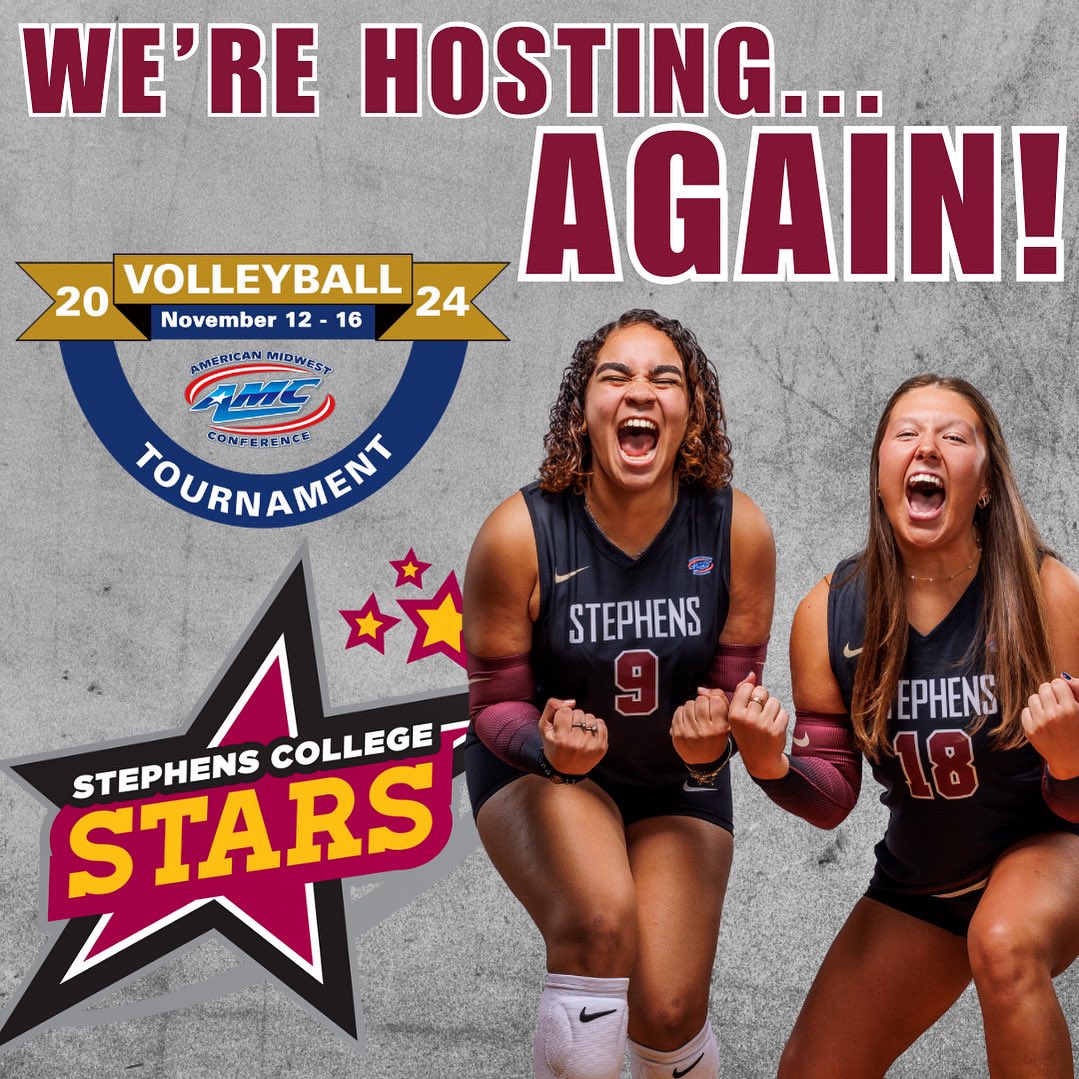 StephensStars's tweet photo. Did you hear? @Stephens_VB is hosting the first round of the @AMCSports Tournament for the second consecutive time! 🤩 

Make sure to purchase your digital tickets BEFORE the event tomorrow Nov. 12 at 7pm at https://t.co/4EeFjq0OU7 

#StarsAthletics #StarsVolleyball #amcvb https://t.co/gpD562dzZH