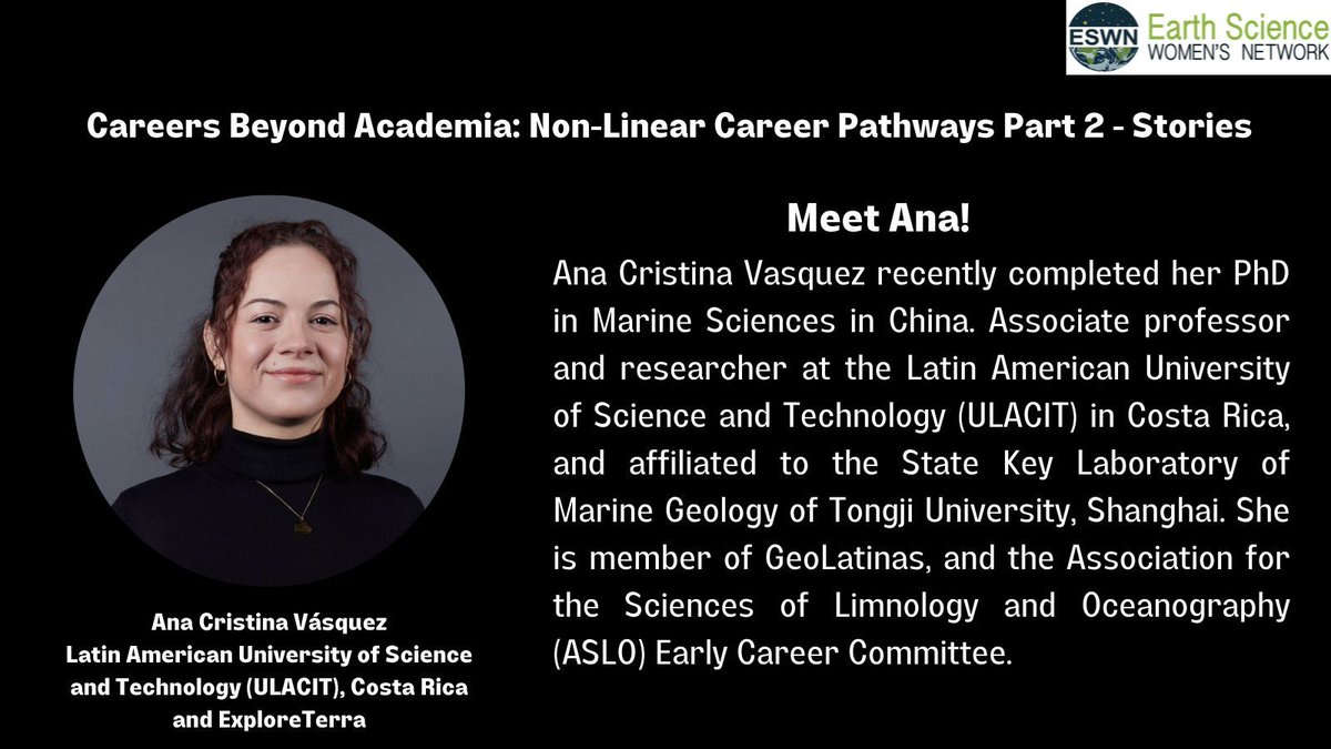 Meet Ana! We are excited to host Dr. Jacqueline Campbell and Ana Cristina Vásquez who will share their experiences with nonlinear career pathways. Register now for this Dec 4 Careers Beyond Academia event: eswnonline.org/careers-beyond…