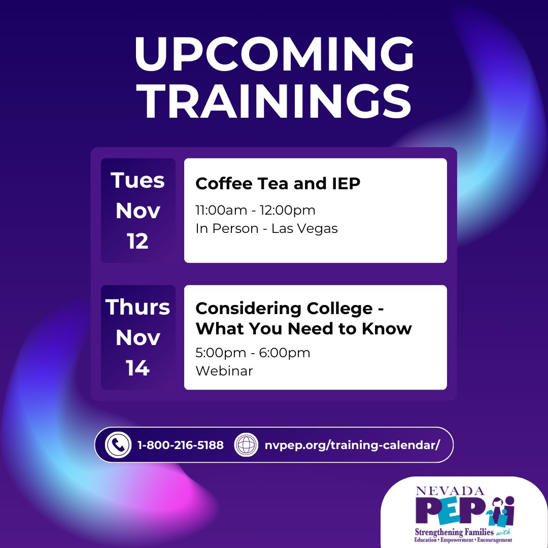 NevadaPEP's tweet image. We have two important trainings this week! ⏰Join as we explore how to navigate IEPs and how to successfully transition to college. Register at: nvpep.org/training-calen… or call us at 1-800-216-5188

#CollegeBound #InclusiveEducation #IEPTraining #IEPHelp #TransitionToCollege #IEP