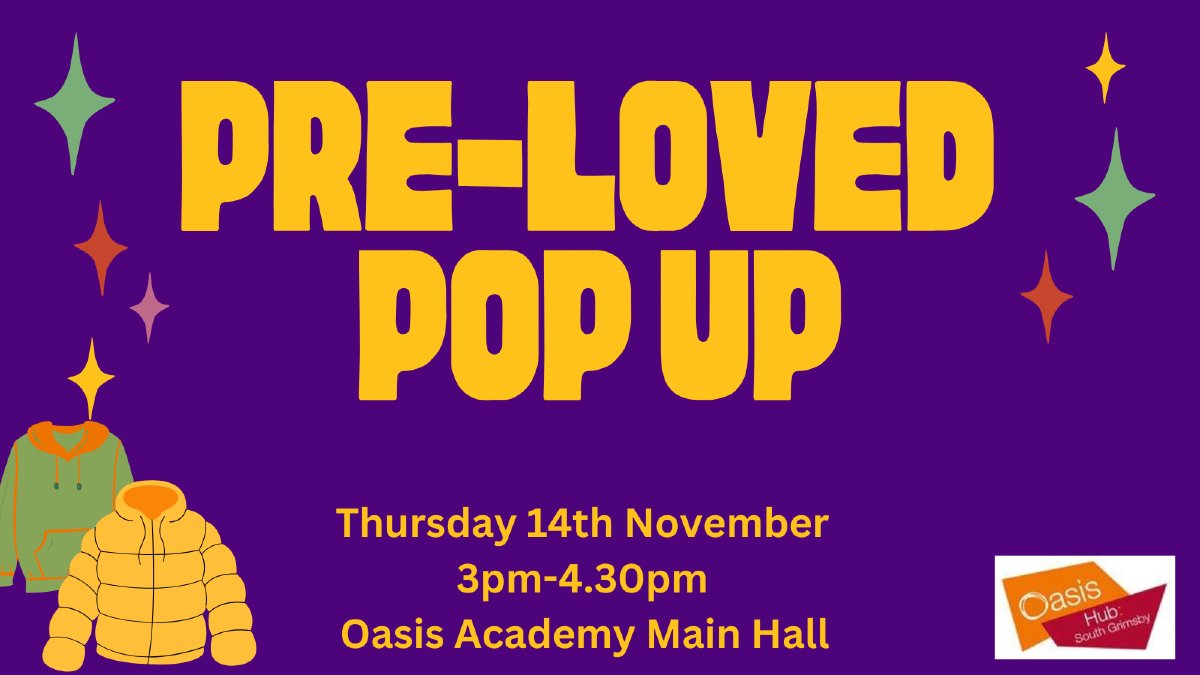 📣We're excited to announce our Pre-Loved Winter Warmers Sale Thursday 14th November. 

🧣Discover a fantastic selection of winter essentials!

🏠 Location: Oasis Academy Nunsthorpe Main Hall, Sutcliffe Avenue, Grimsby, DN33 1AW

🕒Time: 3pm - 4:30pm