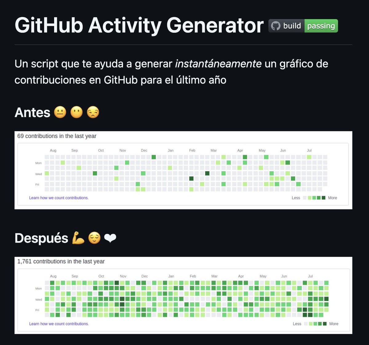 midudev's tweet photo. ¿Te juzgan por no tener tu GitHub de color verde?
Este script llena tu perfil de contribuciones al instante
→ https://t.co/q0rg8QGxjh https://t.co/UCDZeZ1quV
