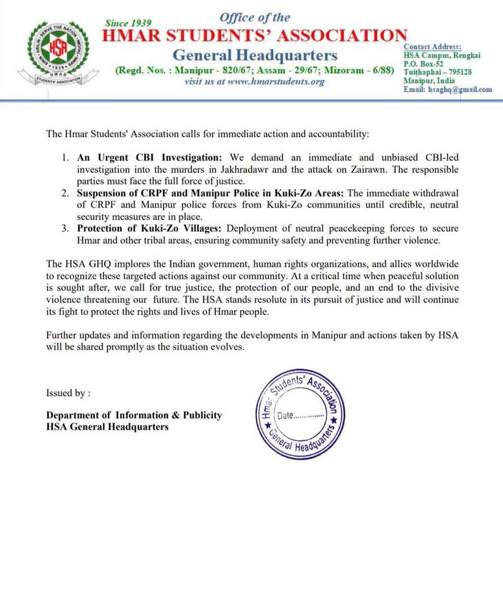 Sumkawn's tweet photo. Manipur: #JiribamMassacre  
The Hmar Students' Association, GHQ, has issued three demands:  
1. A CBI investigation into the murder in Jakradawr and the attack on Zairawn.  
2. Suspension of CRPF  @crpfindia and Manipur Police @manipur_police in Kuki-Zo areas.  
3. Protection for Kuki-Zo villages.

@CBIHeadquarters @NIA_India
@LiveLawIndia @HMOIndia @PMOIndia @ANI @PTI_News
 @DrSJaishankar @jeegujja @vijaita @BDUTT @sangbarooahpish @SumirDH @angshuman_ch @BhardwajAnanya @official_dgar @IndianExpress @ThePrintIndia @thewire_in @timesofindia @IndiaTodayNE @NENowNews @EastMojo @ndtv