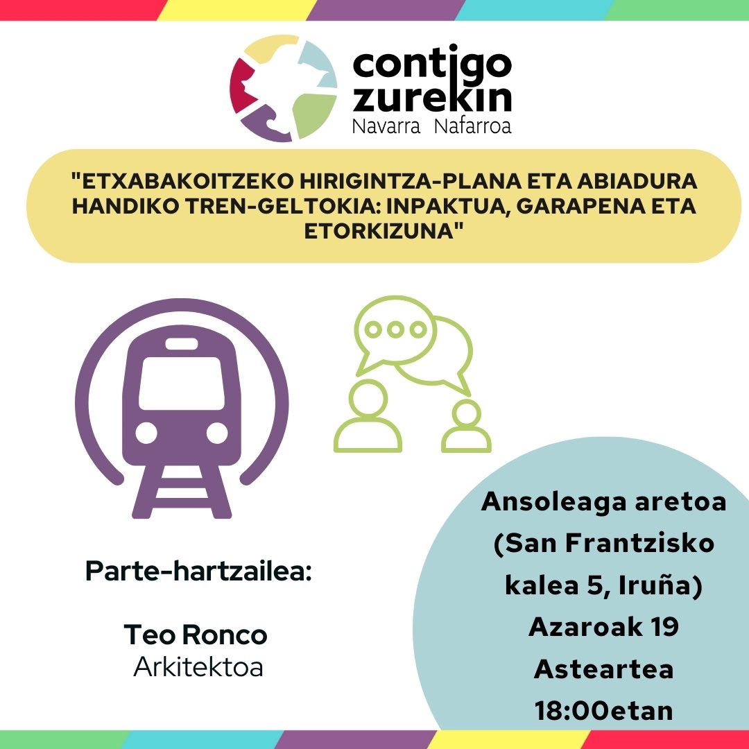 🗣️ Datorren astean, "Etxabakoitzeko hirigintza plana eta Abiadura Handiko Trenaren geltokia: Inpaktua, Garapena eta Etorkizuna" hitzaldia antolatu dugu, Teo Ronco arkitektoarekin.

🗓️Asteartea 11/19
🕕18:00
📍Ansoleaga aretoa (San Frantzisko kalea 5)

Etorri zaitez ‼️