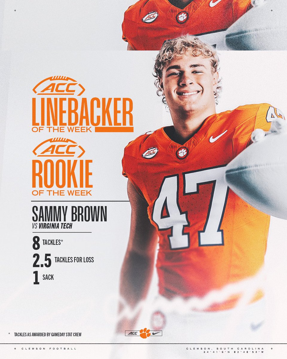 ✅ ACC Linebacker of the Week
✅ ACC Rookie of the Week
✅ National leader in TFLs by a freshman

That’s a Saturday for <a href="/sammybrown_/">sammy brown 🪐</a>.

📰: clemsontigers.com/brown-collects…