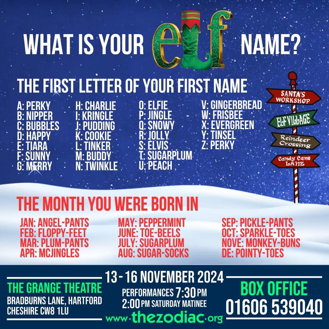 Our cast are getting ready for the big show week in <a href="/grangetheatre/">The Grange Theatre</a> by finding out their elf names - what's yours? 

Are you joining us as we bring the North Pole to #Northwich?

🎫 Limited tickets remaining- Book at thezodiac.org/elf-the-musica…
📞 01606 539040 

#hartford #cheshire