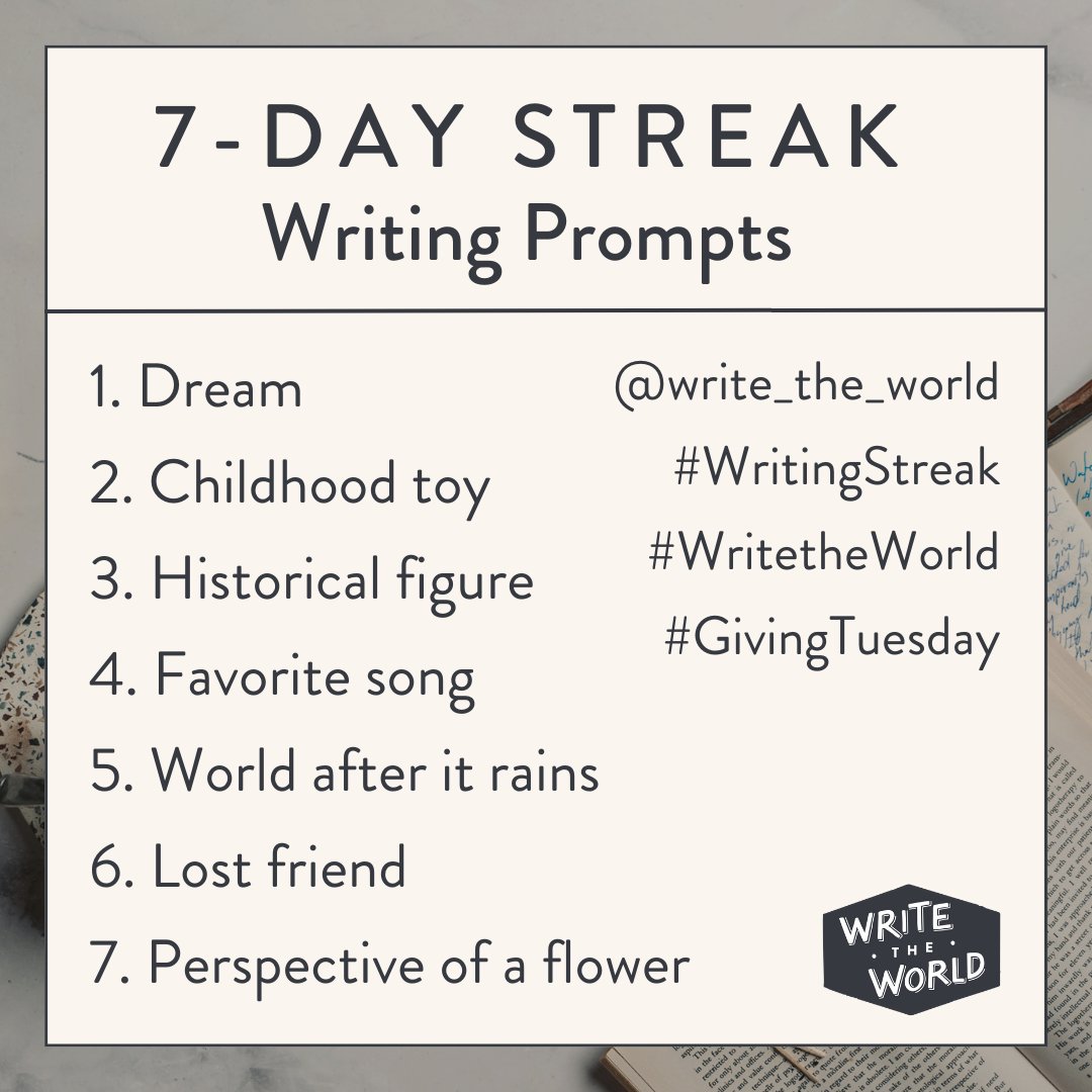 JOIN US FOR WRITING STREAK WEEK (18-24 NOV) 🌟

- Write daily and share on social media
- Use #WritingStreak #WriteTheWorld and tag us — we’ll reshare our favorite pieces!
- Get inspired with our 7 daily prompts
- Donate or share to support our mission: secure.givelively.org/donate/write-t…
