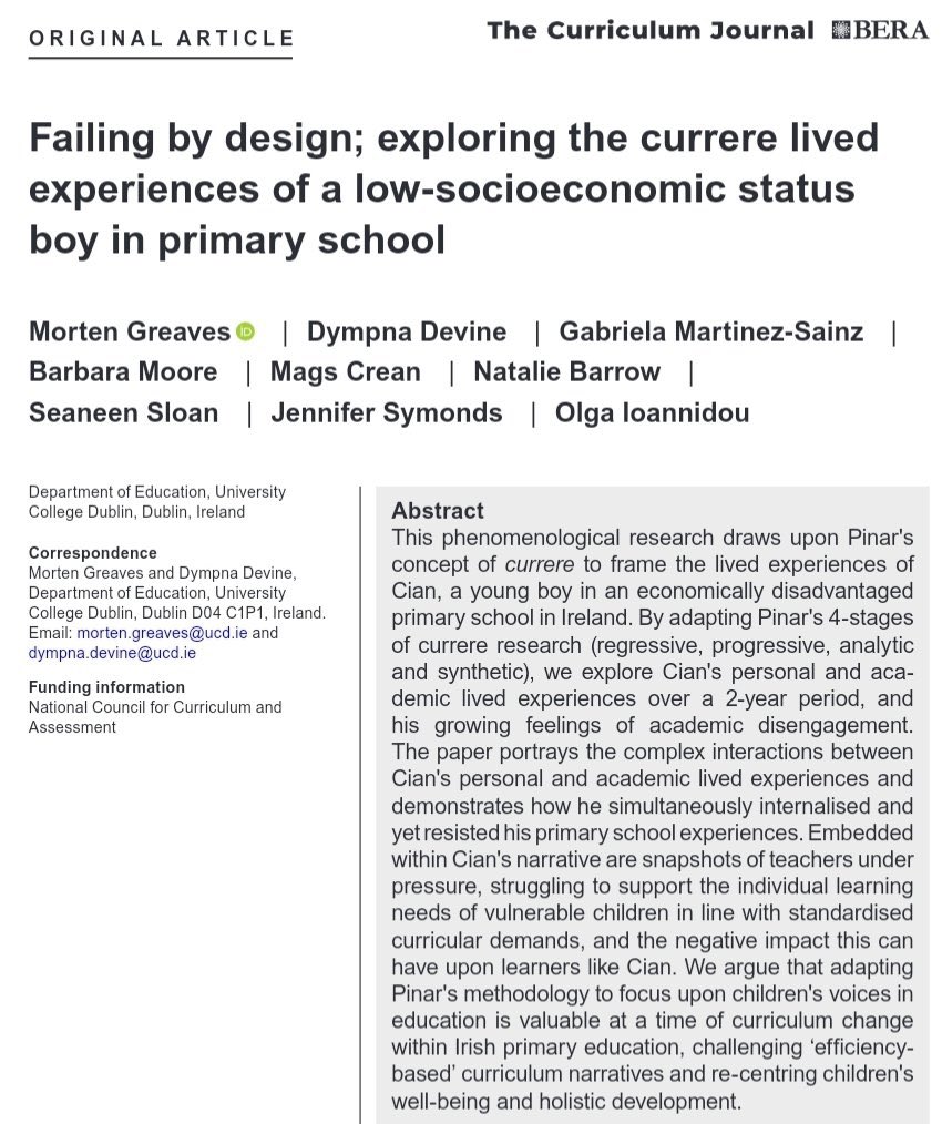 CSLstudyUCD's tweet photo. 🚨 New paper from #CSLstudy published in the Curriculum Journal @BERANews using Pinar’s currere to explore the lived experiences of a low-socioeconomic status boy in primary school.

🔗 Paper available open access at: https://t.co/HPZEBgCHjM

@SchoolofEdUCD @NCCAie #edchatie https://t.co/BrYu7YAhz2