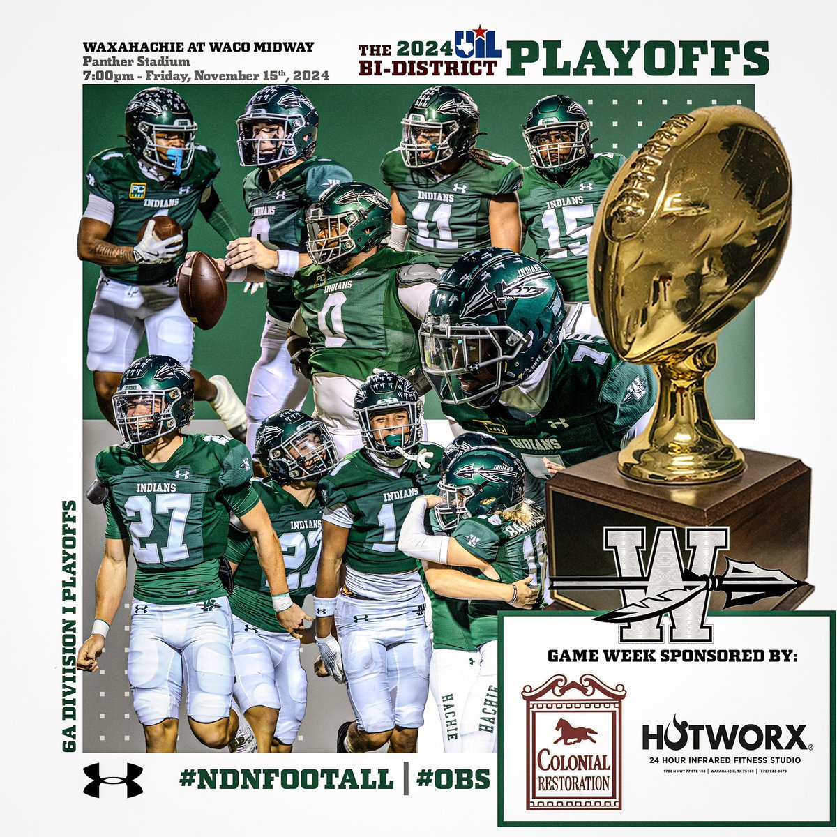 NDNFootball's tweet photo. Bi-District Game Week! Make plans to be there to cheer on the Indians against the Midway Panthers. We need your ENERGY! π to our Game Day Meal Sponsors @hotworxwaxahachiemarketplace & Colonial Restoration.
#OBS #OneMoreWeek #CaughtABreak #holdtherope
πΈ @sherry_milliken https://t.co/iRnv4SqUYQ