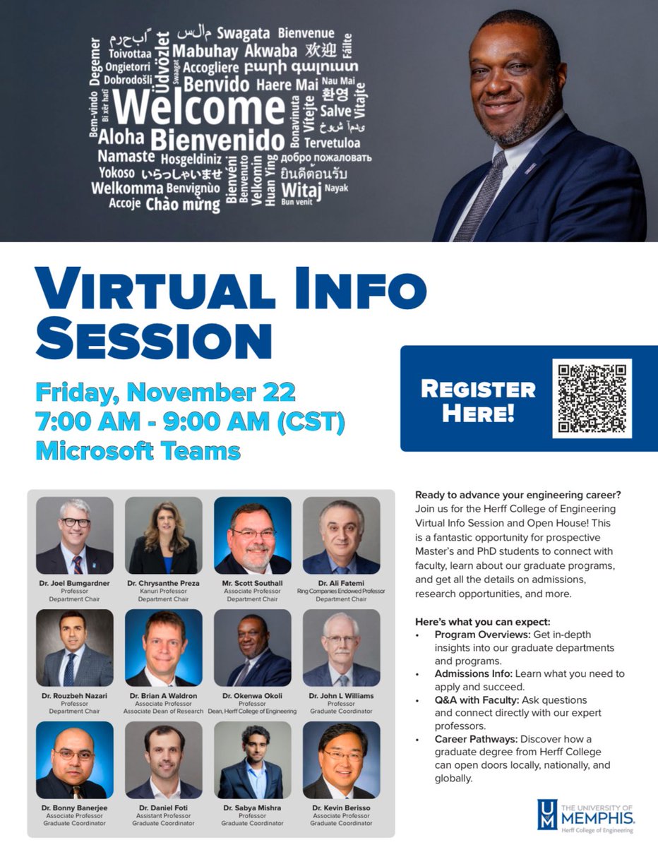Exciting News! 💫 The Herff College of Engineering will be hosting a Virtual Info Session and Open House! This is a fantastic opportunity for prospective Master’s and PhD students to connect with faculty and learn more about our graduate programs. We hope to see you Next Friday!