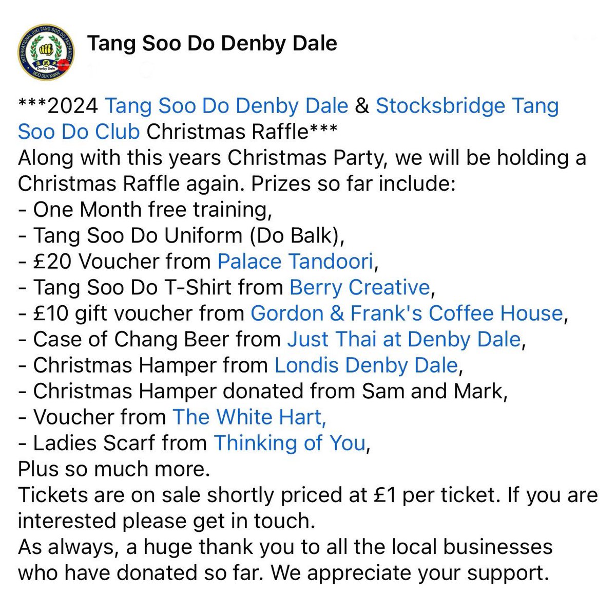 TangSooDoDenby's tweet photo. Tang Soo Do Denby Dale
***2024 Tang Soo Do Denby Dale &amp; Stocksbridge Tang
Soo Do Club Christmas Raffle***
Tickets are £1 each. https://t.co/xUSyamuIiC