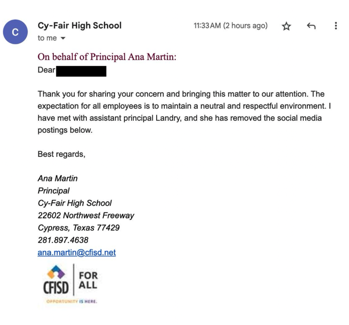 Meet Jennifer Landry, an assistant principal at <a href="/CyFair_BFND/">Cy-Fair High School</a> in Texas. Jennifer believes that any person who voted for Trump supports racism and fascism, and is a “traitor to our country.”

This person is in charge of educating your kids.

We reached out to the district who