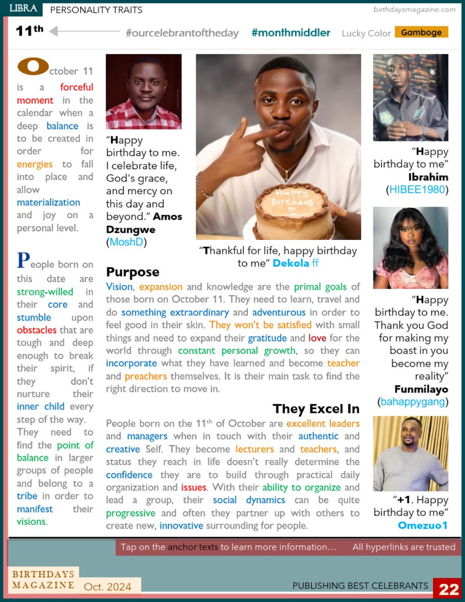 BirthdaysMagaz's tweet photo. #ourcelebrantoftheday November 11, meet best celebrants of the 11th of October including
@MoshD
@dekolaff
@HIBEE1980
@Bahappygang
@Omezuo1
#Pushpa2TheRule #Pushpa2TheRuleTrailer #BabarAzam𓃵 #Pushpa2 #WilliamEst #LISAxTheWhiteLotus #UPPCS_ROARO_ONESHIFT #WhenImWithHaechan #DOGE https://t.co/v3hwuFhHXH