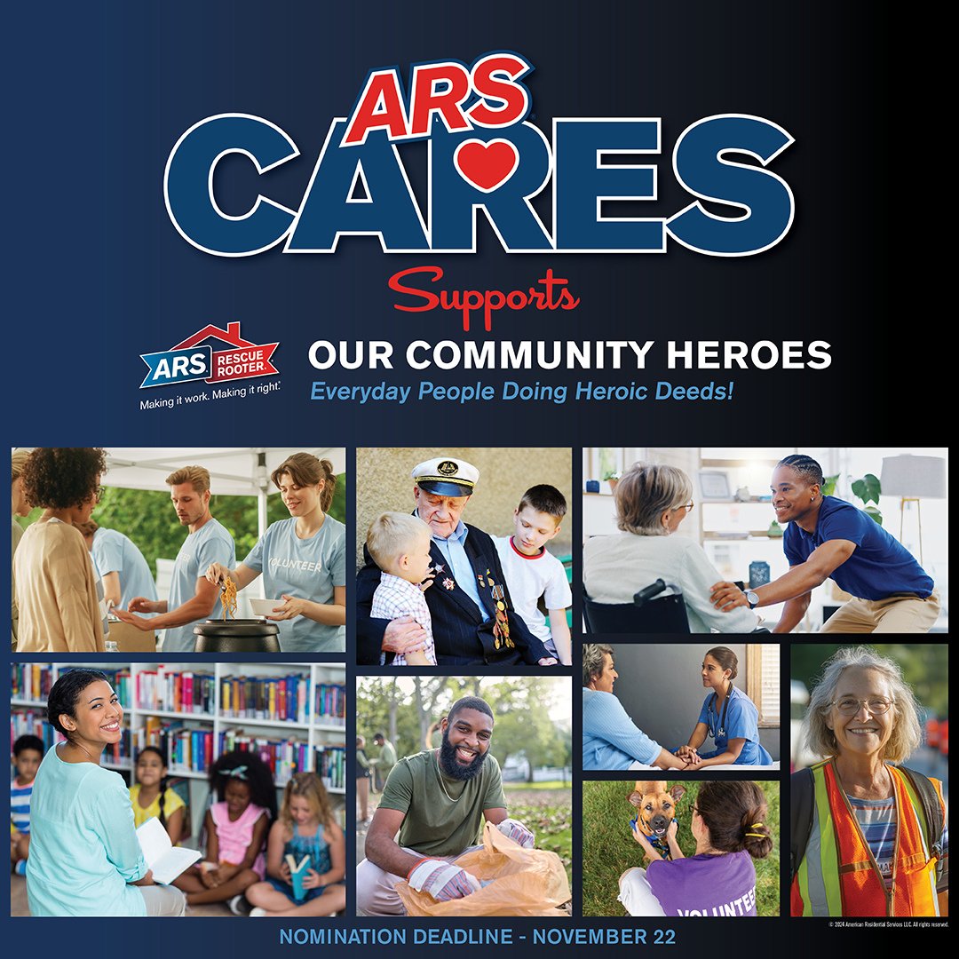 ARSRescueRooter's tweet photo. This giving season, ARS Cares is back, supporting the community heroes who make a difference every day. 💙❤️ Nominate YOUR local hero for a chance to win a free HVAC system ❄️ or water heater 💧! Visit https://t.co/aVooUWaNY2 today. #ARSCares2024 #GiveBack #CommunityHeroes https://t.co/iH49liDN0F