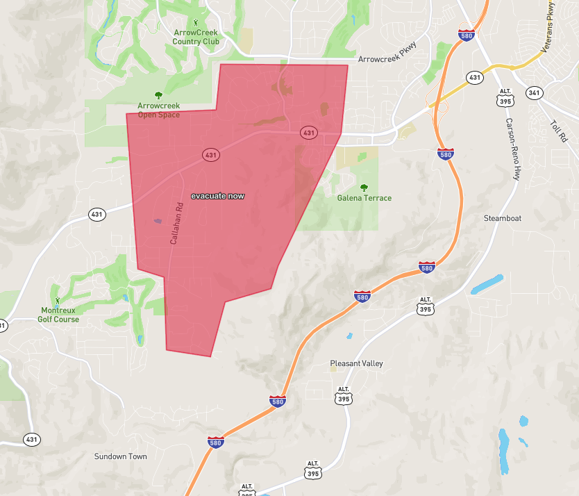 RenoFireDept's tweet photo. Please share! There is a wildfire in the Callahan Ranch area. Here is the current evacuation map. Please follow https://t.co/OgbvRXyNRV for details along with @washoecounty @TMFPD and @WashoeSheriff for updates. https://t.co/Mcbu6jWF69