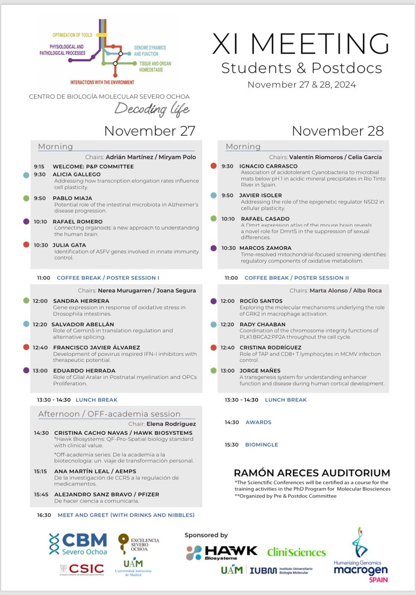 Centro de Biología Molecular Severo Ochoa (@cbm_csic_uam) on Twitter photo Las XI Jornadas de Estudiantes y Postdocs serán el 27 y 28 de noviembre. Este año, ¡cargadas de sorpresas y mucha ciencia!
Organiza el comité Pre&Postdoc, apoyan <a href="/MacrogenS/">Macrogen Spain</a>, <a href="/clinisciences/">Clinisciences</a>, <a href="/HawkBiosystems/">HAWK Biosystems</a> y el Instituto Universitario de Biología Molecular de <a href="/UAM_Madrid/">UAM Autónoma Madrid</a>. Las XI Jornadas de Estudiantes y Postdocs serán el 27 y 28 de noviembre. Este año, ¡cargadas de sorpresas y mucha ciencia!
Organiza el comité Pre&Postdoc, apoyan <a href="/MacrogenS/">Macrogen Spain</a>, <a href="/clinisciences/">Clinisciences</a>, <a href="/HawkBiosystems/">HAWK Biosystems</a> y el Instituto Universitario de Biología Molecular de <a href="/UAM_Madrid/">UAM Autónoma Madrid</a>.