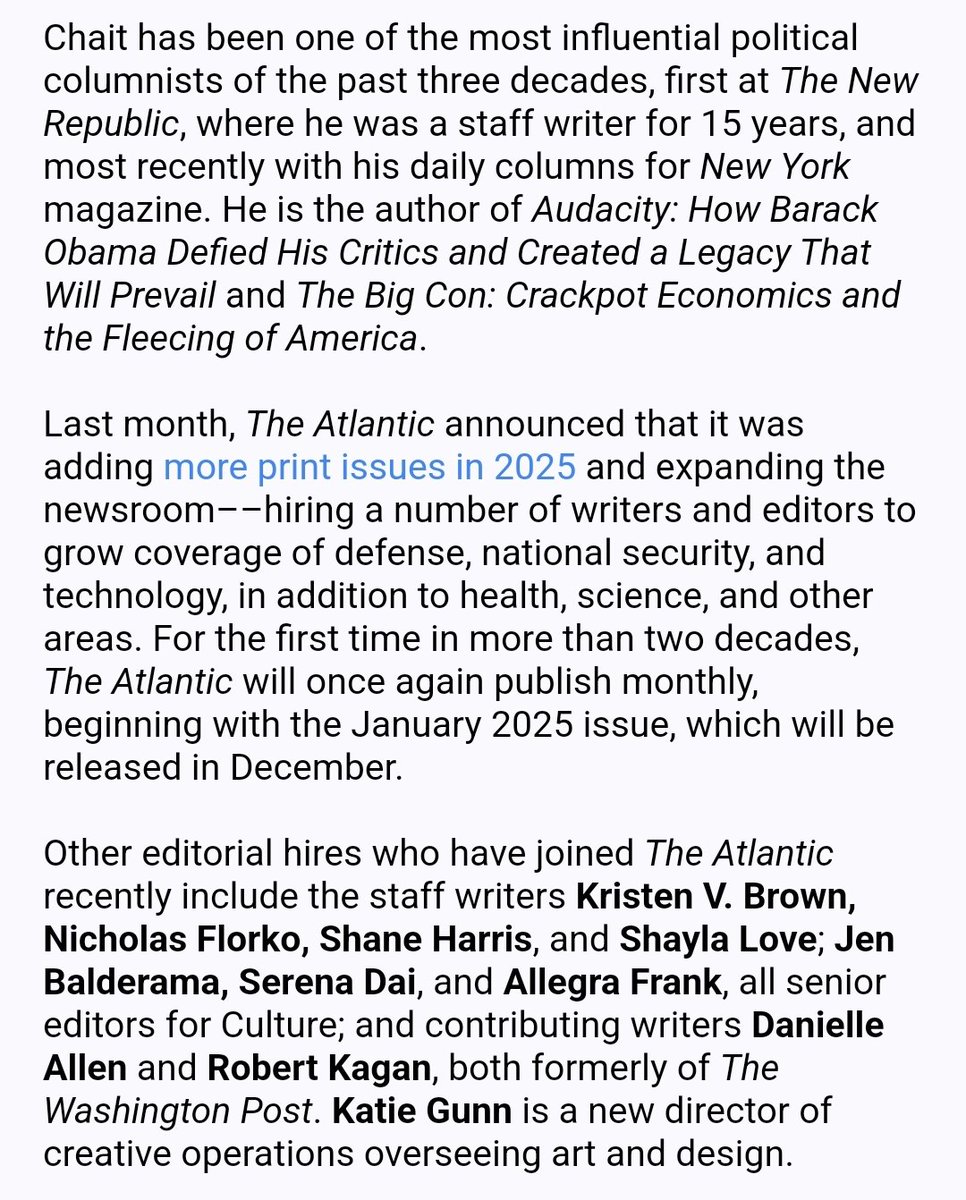 justinbaragona's tweet image. The Atlantic just announced that it has hired Jonathan Chait as a staff writer.