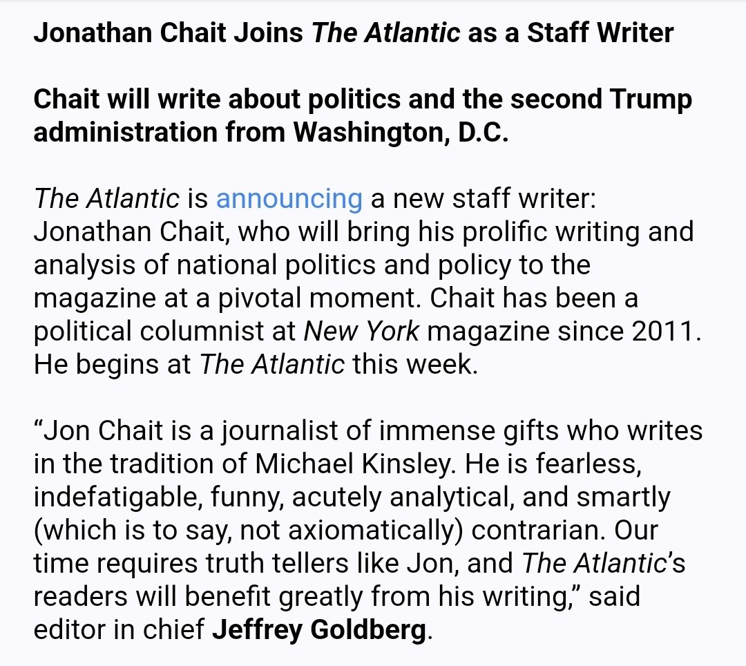 justinbaragona's tweet image. The Atlantic just announced that it has hired Jonathan Chait as a staff writer.