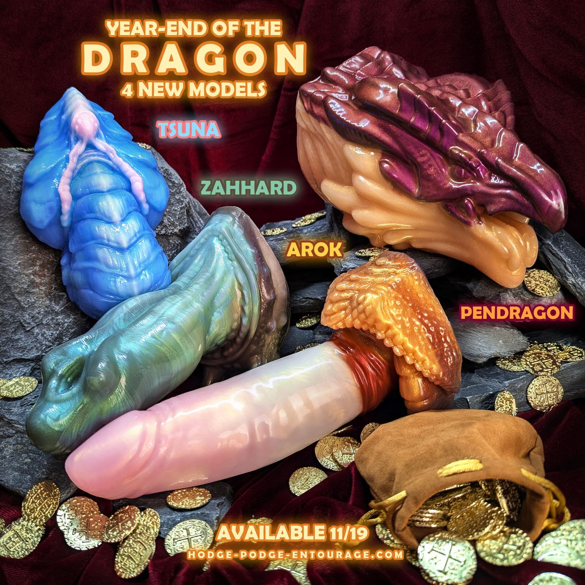 HodgePodgeEnt's tweet photo. What's better than one dragon?

🔥🐉Four dragons.🐉🔥

Join us on 11/19 for our Year-End of the Dragon with four brand new models: Tsuna, Zahhard, Arok, and Pendragon!

Read on for more details on these dragonic gems! https://t.co/vdSQ4fGfH9