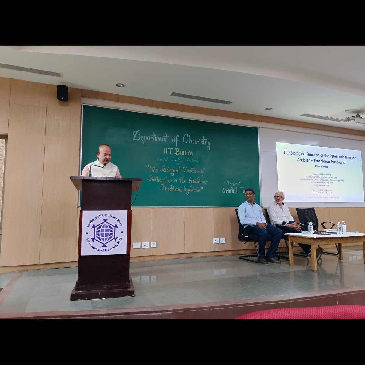 Honored to host Prof. Peter Comba from the University of Heidelberg at IIT Bhilai! His talk on patellamides in ascidian-Prochloron symbiosis was insightful. Grateful to Prof. Rajiv Prakash &amp; Dr. Ramasamy Mayilmurugan for their support, and kudos to the Orbital team for management