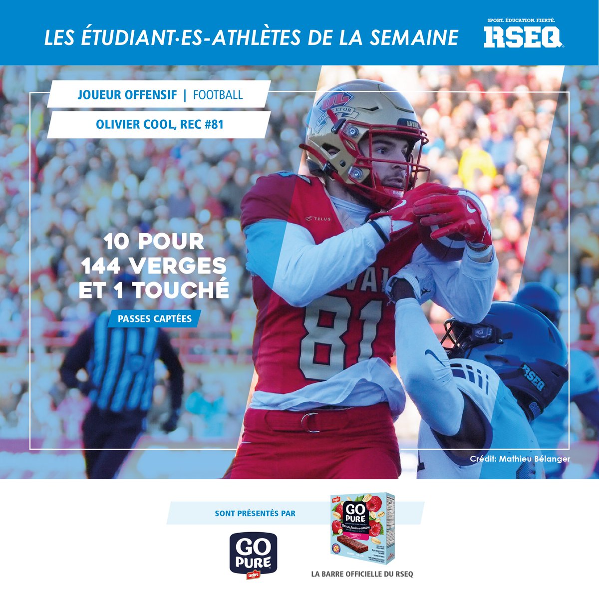 RSEQ1's tweet photo. [FOOTBALL UNIVERSITAIRE 🏈]

Voici les étudiant·es-athlètes de la semaine pour le football universitaire, présentés par Go Pure, la barre officielle du RSEQ :
⭐️Olivier Cool, @rougeetor
⭐️William Quenneville, @rougeetor 
⭐️Felipe Forteza, @rougeetor 

Félicitations !
#RSEQ https://t.co/N9dC8nkzMn