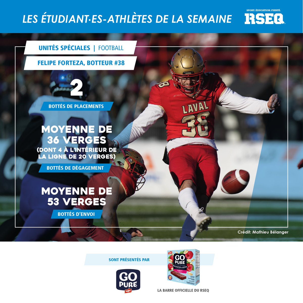 RSEQ1's tweet photo. [FOOTBALL UNIVERSITAIRE 🏈]

Voici les étudiant·es-athlètes de la semaine pour le football universitaire, présentés par Go Pure, la barre officielle du RSEQ :
⭐️Olivier Cool, @rougeetor
⭐️William Quenneville, @rougeetor 
⭐️Felipe Forteza, @rougeetor 

Félicitations !
#RSEQ https://t.co/N9dC8nkzMn