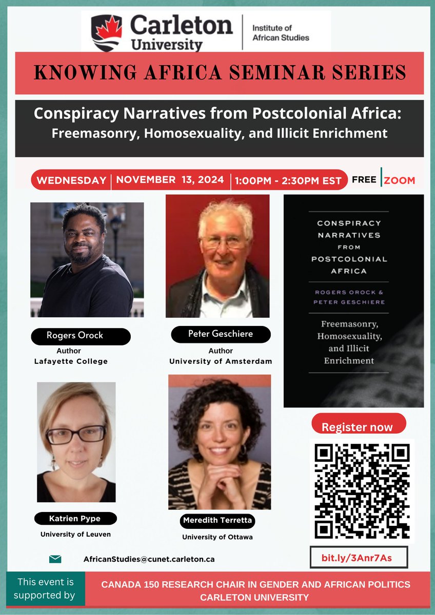 📢 Join us for the #KnowingAfrica Seminar! 
🌍 Explore conspiracy narratives in postcolonial Africa—topics include Freemasonry, homosexuality, and illicit enrichment—as lenses into social and cultural anxieties.
🗓️ Nov. 13, 2024
🕐 1:00-2:30 PM EST
💻 Online via Zoom
Speakers: