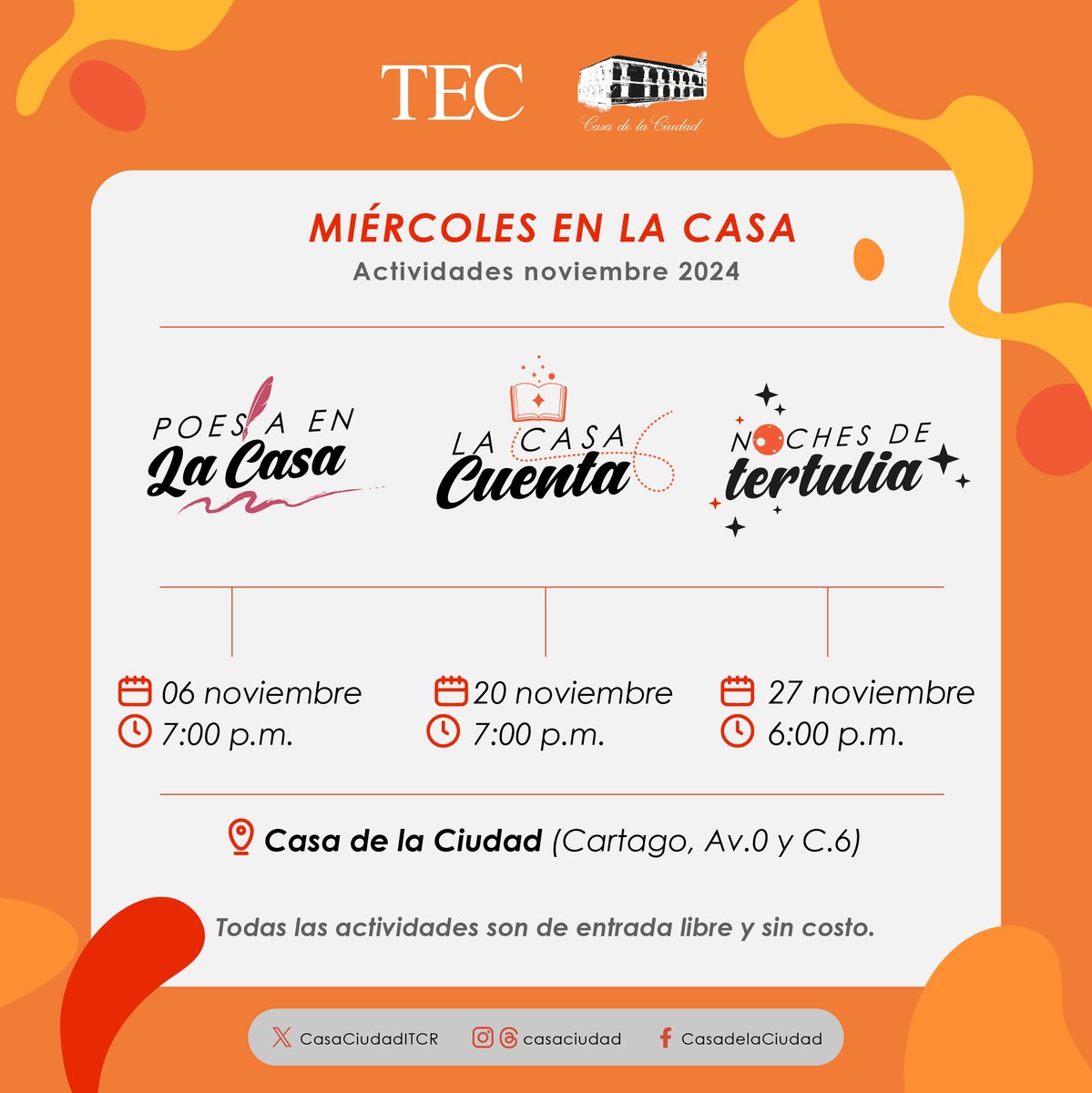 La Casa Cuenta 🗣
📆20/11, 7pm
📍Casa de la Ciudad
Cuentacuentos invitado: José Halabí
Entrada libre, sin costo
Organizan: Casa de la Ciudad, Escuela de Cultura y Deporte, TEC y Rebrote: Artes Escénicas
Invitan: Escuela de Ciencias del Lenguaje, TEC y La Flor de Loto
#Cuentos