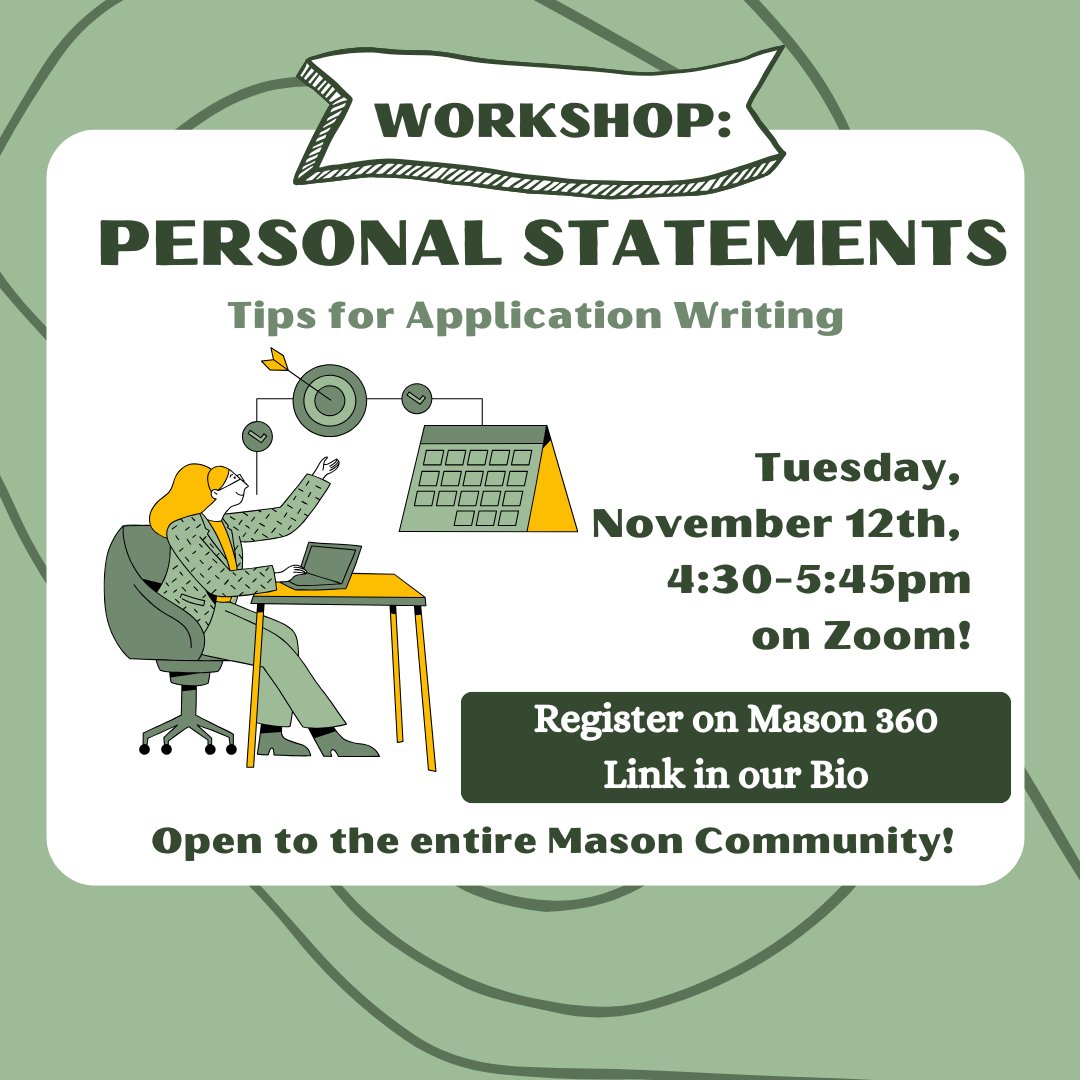 Are you preparing applications for graduate school? Come learn some strategies for researching, planning, organizing, and drafting your personal statement. Register at Mason360, link in our bio.