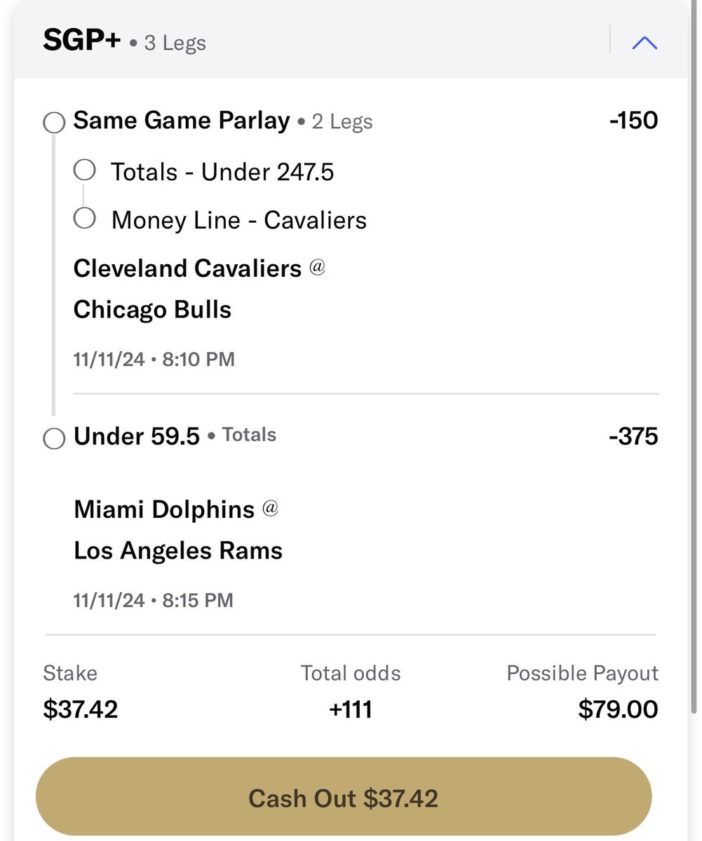 UofParlay's tweet photo. Ladder Challenge Day 2 🏈🪜🏀

- SGP Cavs vs Bulls
Cavs ML &amp; u247.5
- Dolphins vs Rams u59.5

$37.42 ➡️ $79.00

Show some love with the ‘Like’ button below if you’re climbing with us 👇🫶

#SportsBettingX #NFL  #GamblingX #NBA https://t.co/BbD0V9xhCg