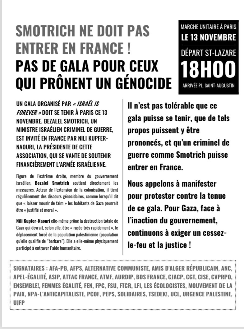 Non au gala de la Honte . Marche unitaire le 13 novembre 18:00 Gare Saint Lazare