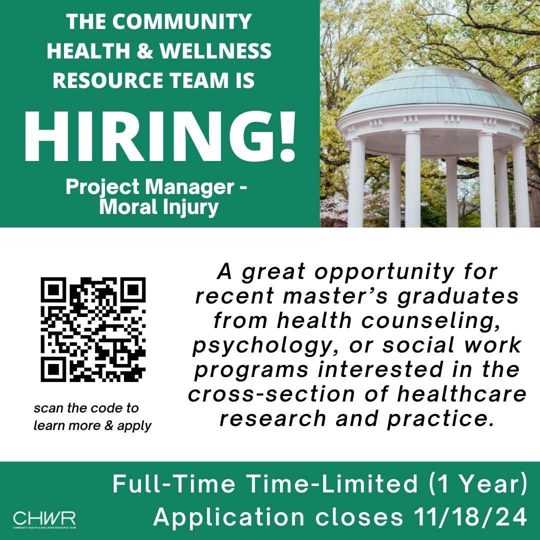 The Community Health and Wellness Resource Team is hiring a Project Manager for our Moral Injury Project! Apply by 11/18 to be considered at: unc.peopleadmin.com/postings/291226