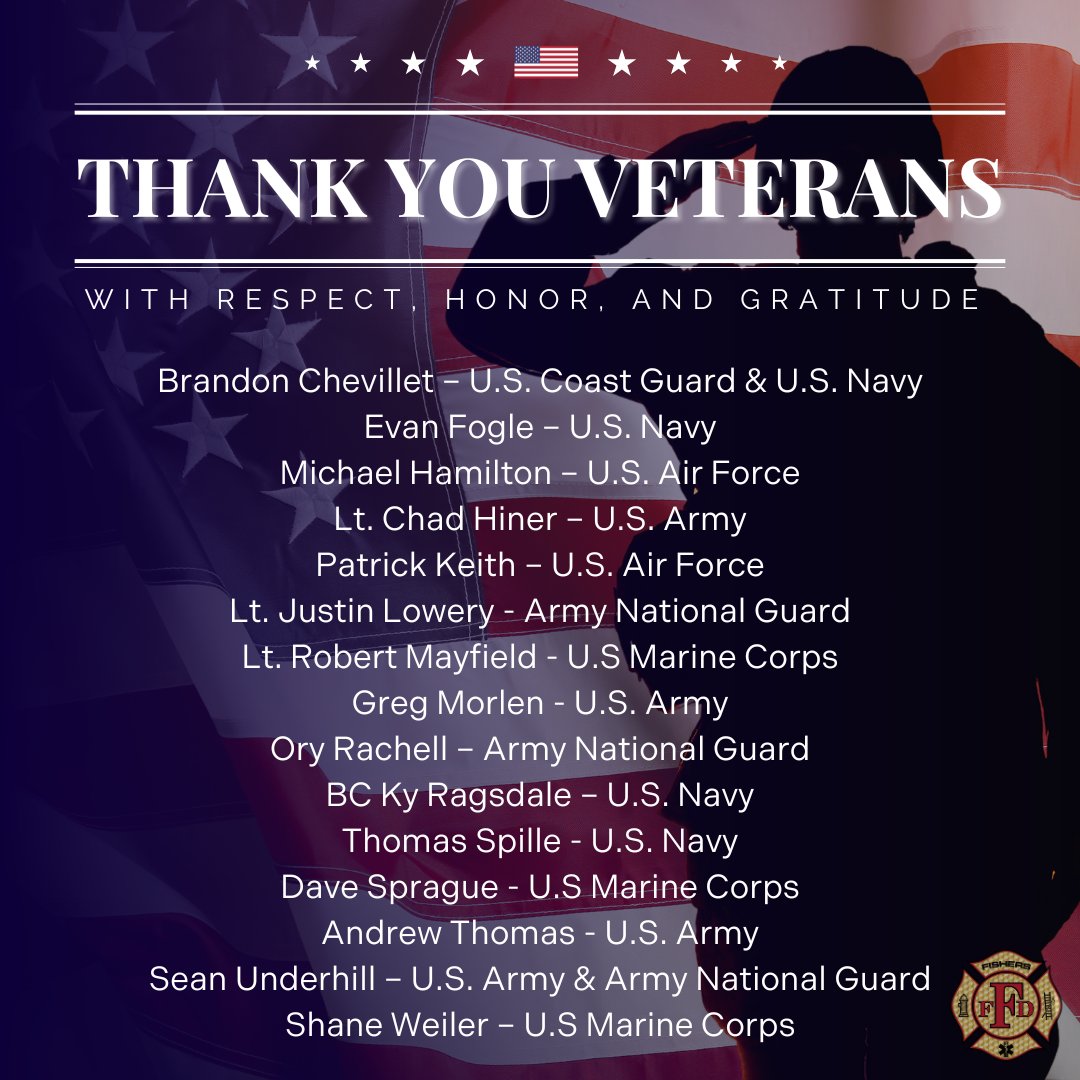 FishersFireDept's tweet image. 🇺🇸 On Veterans Day, we honor and thank all who have served, especially the veterans at @FishersFireDept. Your courage and dedication inspire us daily. We celebrate your service and sacrifices for our freedom. #VeteransDay #ThankYouForYourService #fishersfire