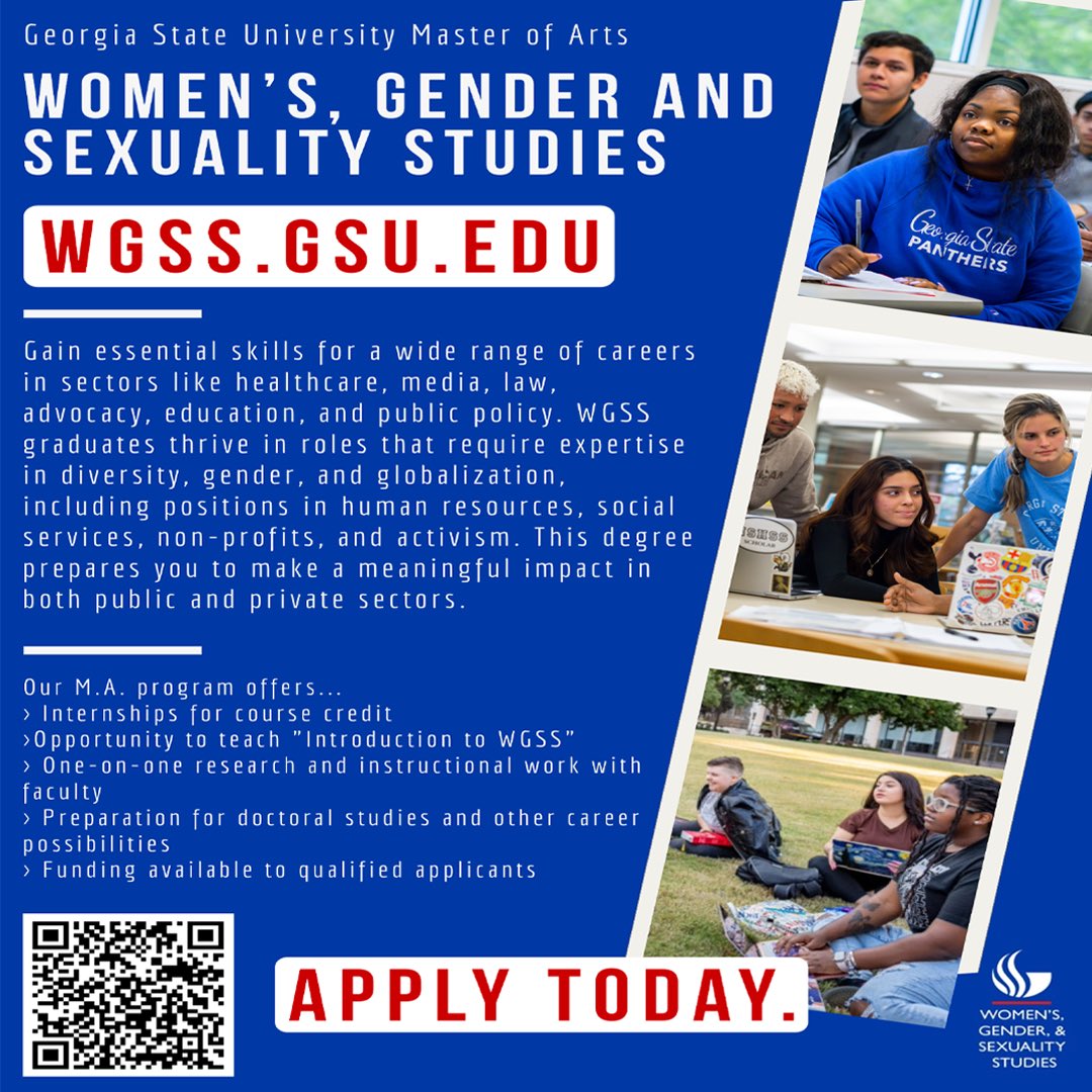 gsuwgss's tweet image. Applications for our M.A. program are open! 

Priority funding deadline: February 1, 2025 

#gsu #georgiastateuniversity #gsuwgss #wgss #gradschool