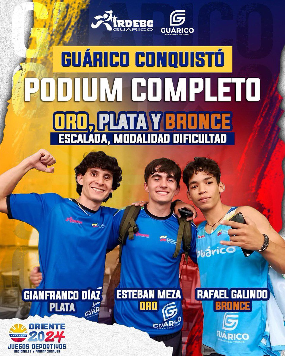 Guárico logra podium completo en escalada. Estamos haciendo historia en estos JDN 2024. Felicito a nuestros campeones Esteban Meza quien obtuvo medalla de oro 🥇, Gianfranco Díaz, plata 🥈 y Rafael Galindo bronce 🥉¡Felicitaciones, campeones!