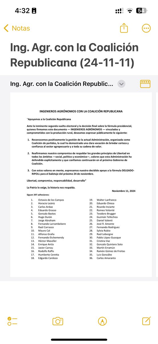 conradoh47's tweet photo. 400 Ingenieros Agrónomos vinculados a la actividad agropecuario han preparado una invitación a colegas a acompañar a la COALICIÓN REPUBLICANA y su fórmula presidencial el próximo 24 de noviembre!
Los adherentes lo hacen a título individual sin referencia corporativa!👏👏👍🏼🇺🇾😄 https://t.co/B1PlUwvMOY