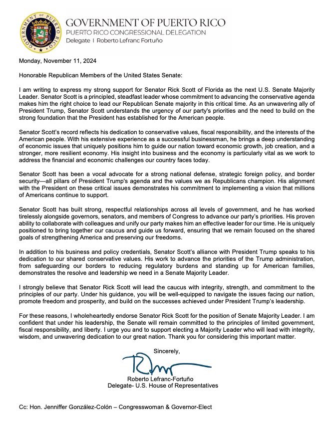 LefrancFortuno's tweet photo. En el día de hoy envié carta a los senadores Republicanos exhortándolos a que apoyen al @SenRickScott para que se convierta en el próximo líder de la Mayoría del Senado Federal. https://t.co/uTa0aN0nT5